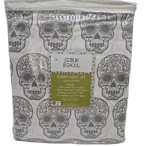 4PC Sugar Skull Queen Sheet Set 100% Cotton Gothic NEW Emo White Gray Grunge